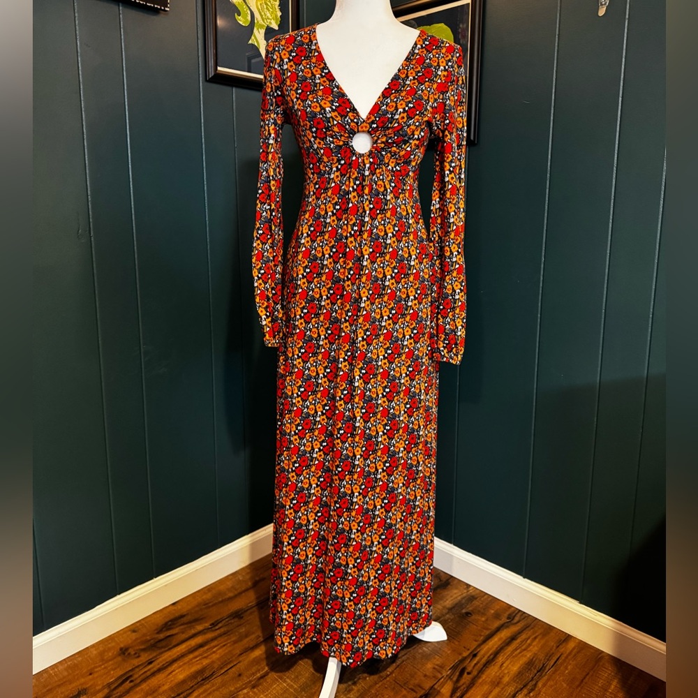 Boden orange and navy Floral Maxi Dress with Ring Front